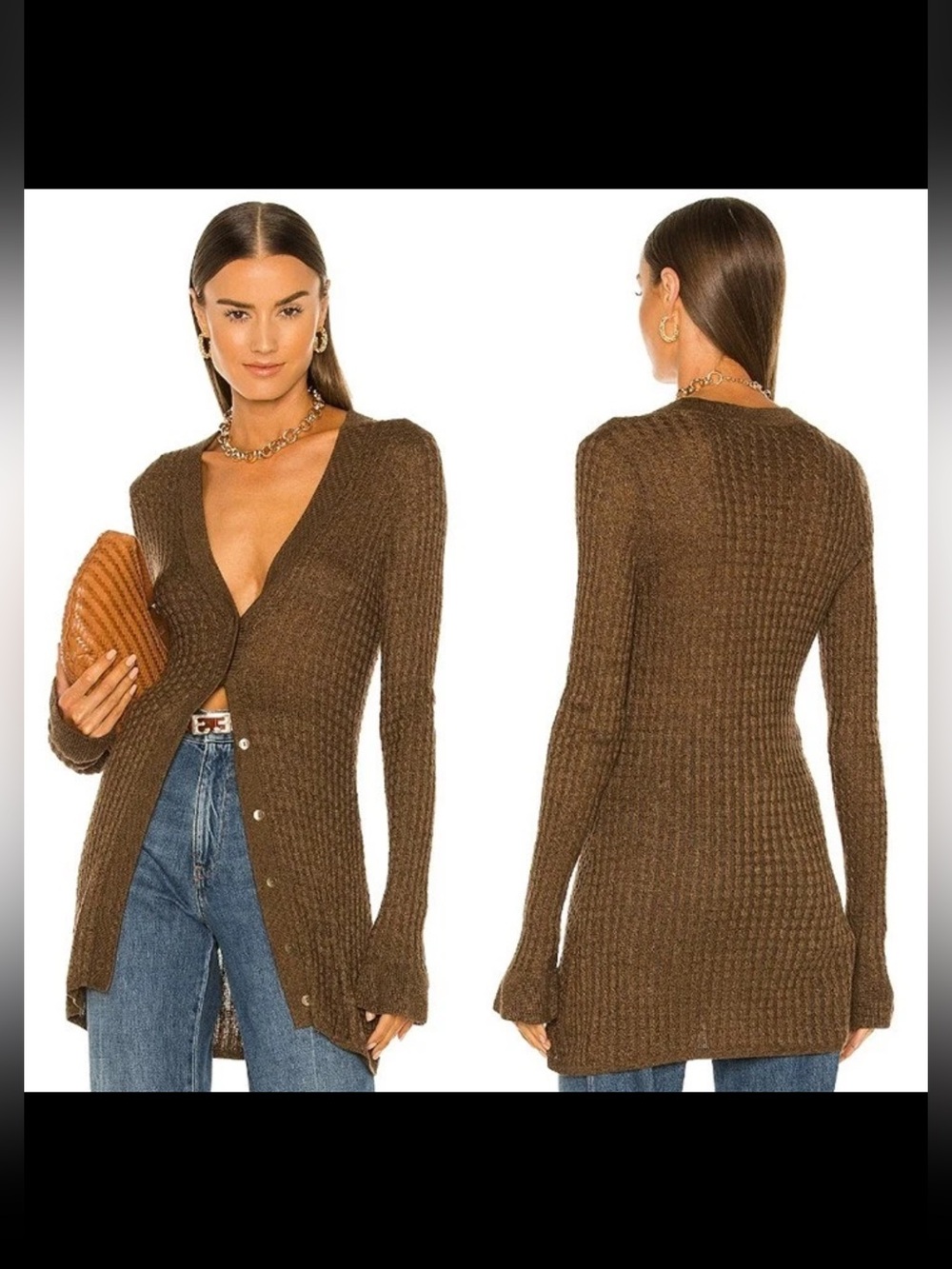 L’AGENCE Moss Brown Cableknit Longline Cardigan Sweater 100% Rayon Flared Sleeve